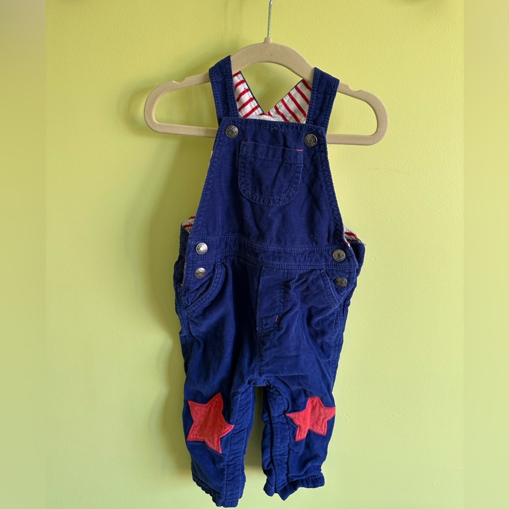 Kids Boden Blue Corduroy Overalls with Red Star Accents